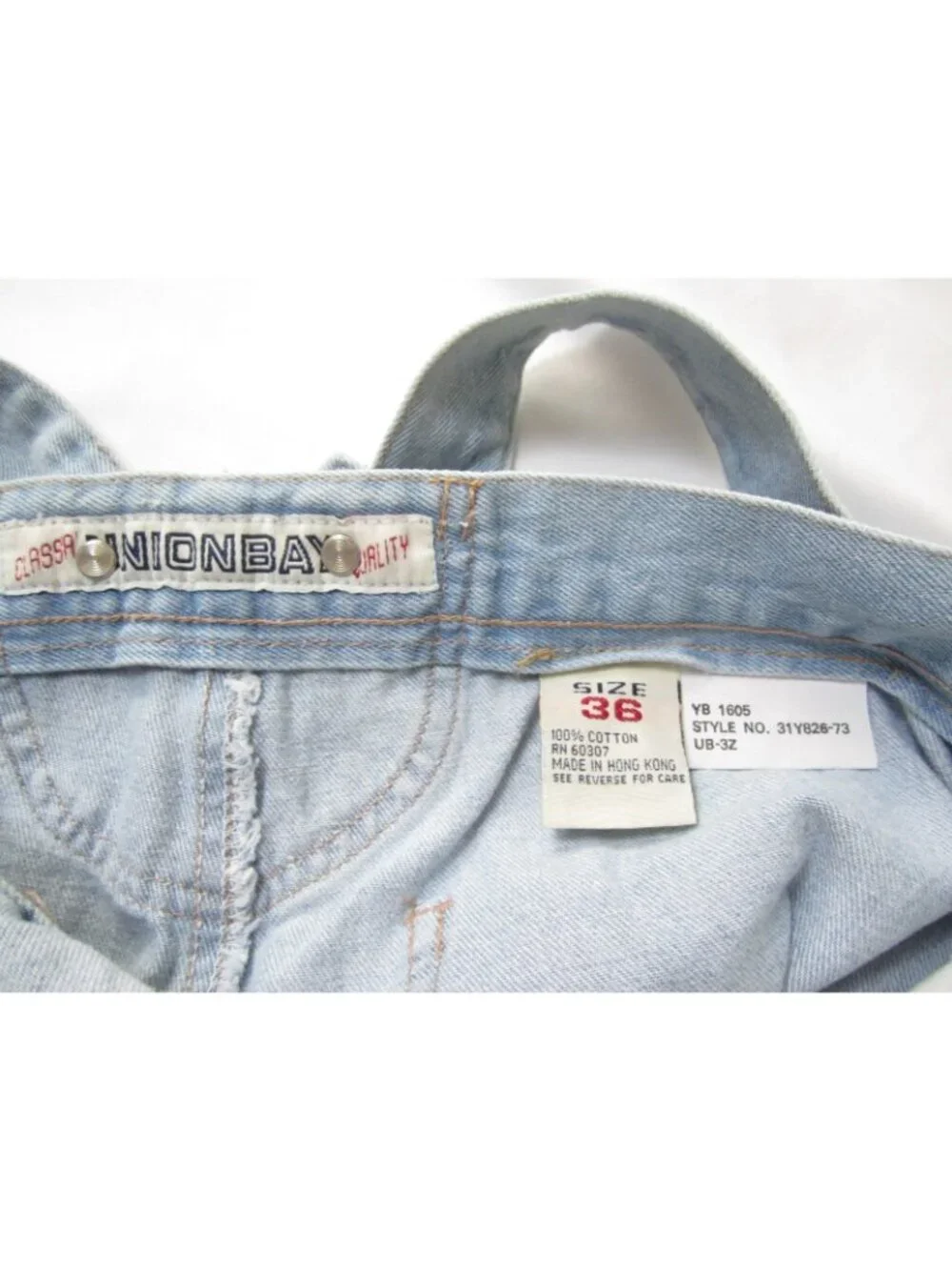 Vtg 90s Unionbay Denim Overalls Shorts Women 36 Light Cut Off Raw Hem(MP681)